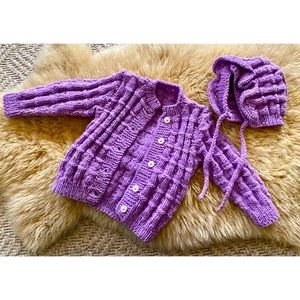 Hand Knit Crochet Baby Sweater & Bonnet Set 9-12m